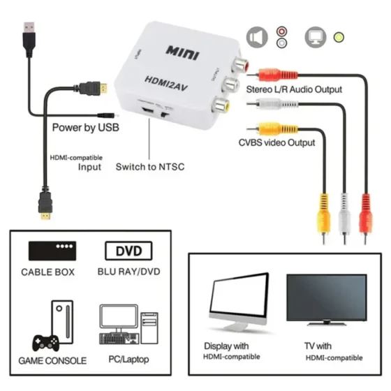 1080P HDMI-compatible TO AV Adapter Video Composite RCA to HDMI-compatible Converter CVSB L/R Video Scaler Support NTSC Output 6