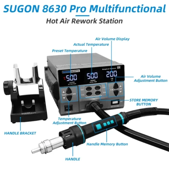 SUGON 8630Pro 1300W Hot Air Gun Digital Display BGA Rework Station Curved Nozzle Welding Repair Desoldering Station 6