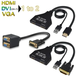 HDTV 4K 30Hz HDMI Splitter 1 In 2 out audio Video VGA cable 1 to 2 DVI 24 1 to hdmi 2 adapter for TV Box Monitor Projector 15m 1