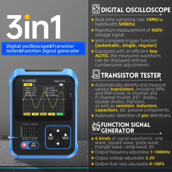 FNIRSI DSO-TC3 Digital Oscilloscope Transistor Tester Signal Generator 3 in1 500Khz 10MSa/s Capacitor Resistor Diode 100K output 2