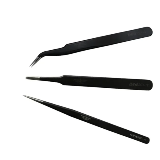 Tweezer MECHANIC ESD-11 ESD-13 ESD-15 Straight Curved Tip Round Flat Head For Electronic DIY Precision Anti-static Black Clip 2