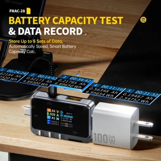 FNIRSI FNAC-28 2 IN 1 Type-C USB Tester Digital Voltmeter Ammeter Amperimetor Voltage Current Meter Power Bank Charger Measure 4