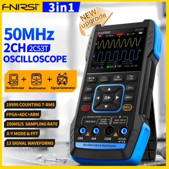 FNIRSI 2C53T 2C23T Upgrade 3in1 Oscilloscope Multimeter Signal Generator 50MHz Bandwidth 250MS Rate Dual Channel 20000 Counts 1