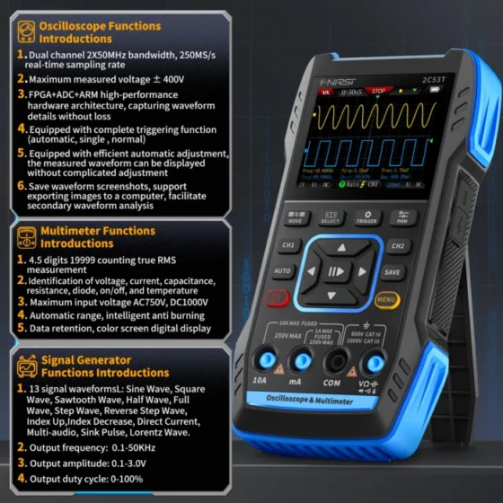 FNIRSI 2C53T 2C23T Upgrade 3in1 Oscilloscope Multimeter Signal Generator 50MHz Bandwidth 250MS Rate Dual Channel 20000 Counts 2