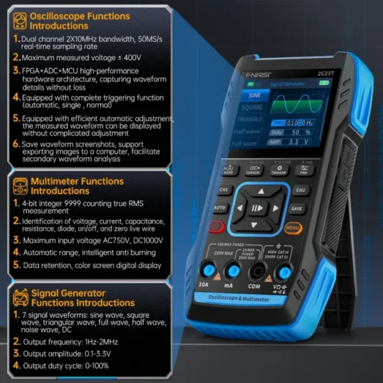 FNIRSI 2C23T Handheld Digital Oscilloscope Multimeter + Function Signal Generator  2023 Latest 3IN1 Dual Channel 10MHZ*2 50MS/s 2