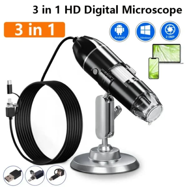 1600X 3in 1 Digital Microscope Camera Portable Electronic Microscope For Soldering LED Magnifier Type-C USB Charge Magnifier 1