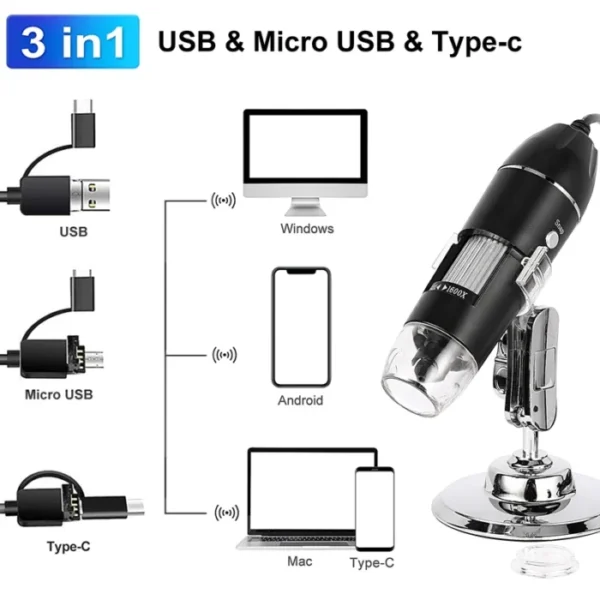 1600X 3in 1 Digital Microscope Camera Portable Electronic Microscope For Soldering LED Magnifier Type-C USB Charge Magnifier 5