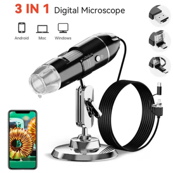 1600X 3in 1 Digital Microscope Camera with Stand Portable Electronic Microscope For Soldering LED Magnifier Type-C USB Android 1