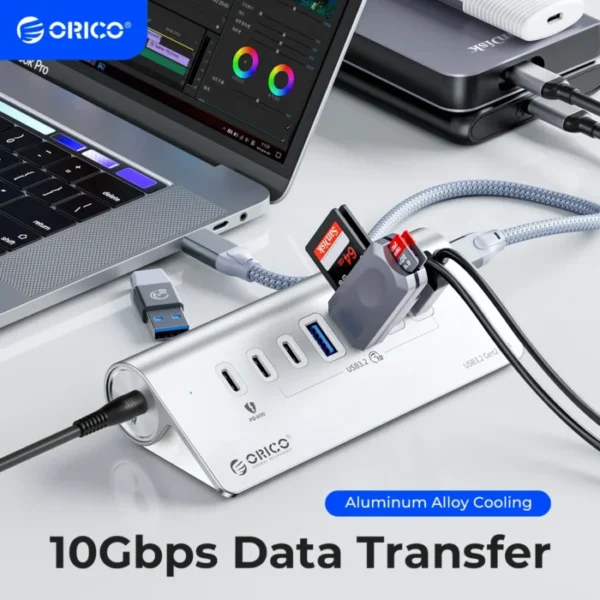 ORICO 10Gbps USB 3.2 HUB Aluminum SuperSpeed Powered PD60W Charger Type C Splitter With Power Adapter for MacBook PC Accessories 1