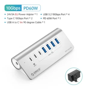 ORICO 10Gbps USB 3.2 HUB Aluminum SuperSpeed Powered PD60W Charger Type C Splitter With Power Adapter for MacBook PC Accessories 17