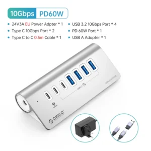 ORICO 10Gbps USB 3.2 HUB Aluminum SuperSpeed Powered PD60W Charger Type C Splitter With Power Adapter for MacBook PC Accessories 14