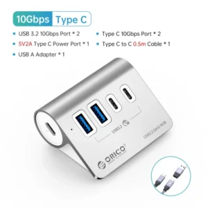 ORICO 10Gbps USB 3.2 HUB Aluminum SuperSpeed Powered PD60W Charger Type C Splitter With Power Adapter for MacBook PC Accessories 15