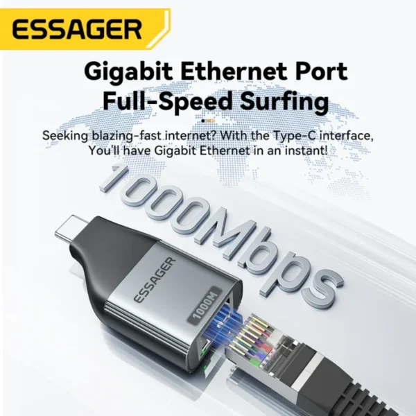 Essager Type-C to Ethernet Adapter 100/1000Mbps Gigabit High-Speed RJ45 To Type-c Adapter For MacBook Laptop Wired Network Card 2