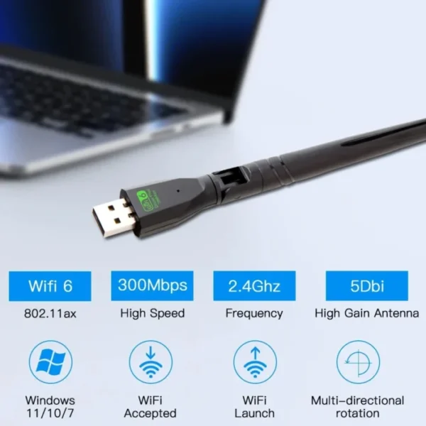 300Mbps WiFi6 USB Adapter 2.4Ghz Network Card Antenna Wifi6 USB Dongle 802.11ax Wireless WiFi Receiver For PC Laptop Driver Free 2