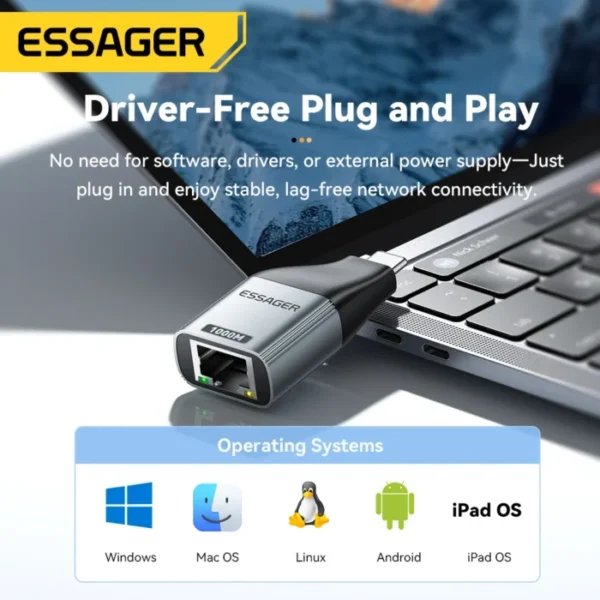 Essager Type-C to Ethernet Adapter 100/1000Mbps Gigabit High-Speed RJ45 To Type-c Adapter For MacBook Laptop Wired Network Card 3