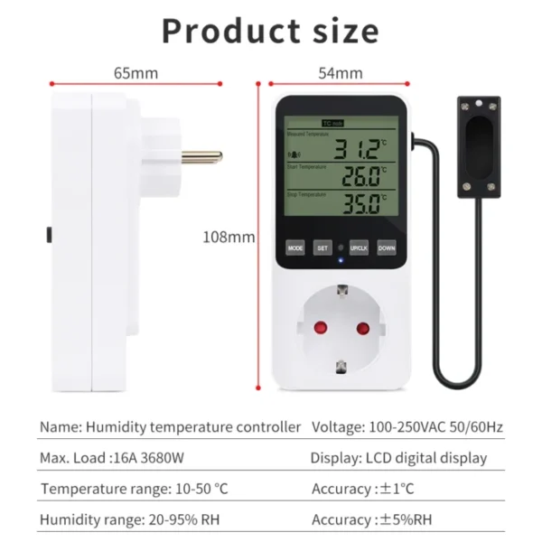 Digital Temperature Humidity Controller LCD Display Thermostat Timer Socket Heating Cooling Alarm With Temperature Sensor 6